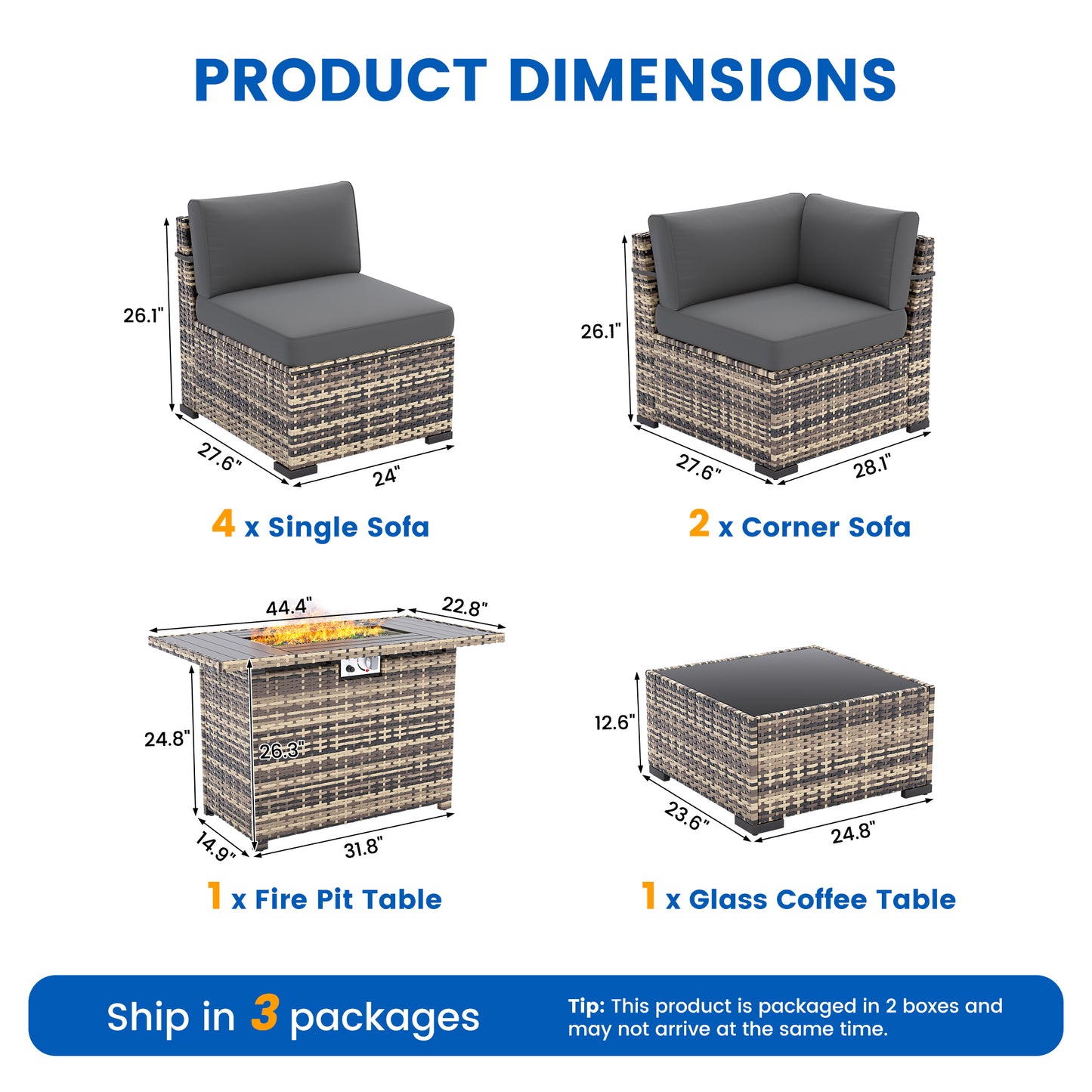 VONZOY 8-Piece Patio Furniture Set with 44” Fire Pit Table - All-Weather Wicker Conversation Sectional Sofa & Coffee Table with Thickened Cushions for Backyard, Garden(Grey)