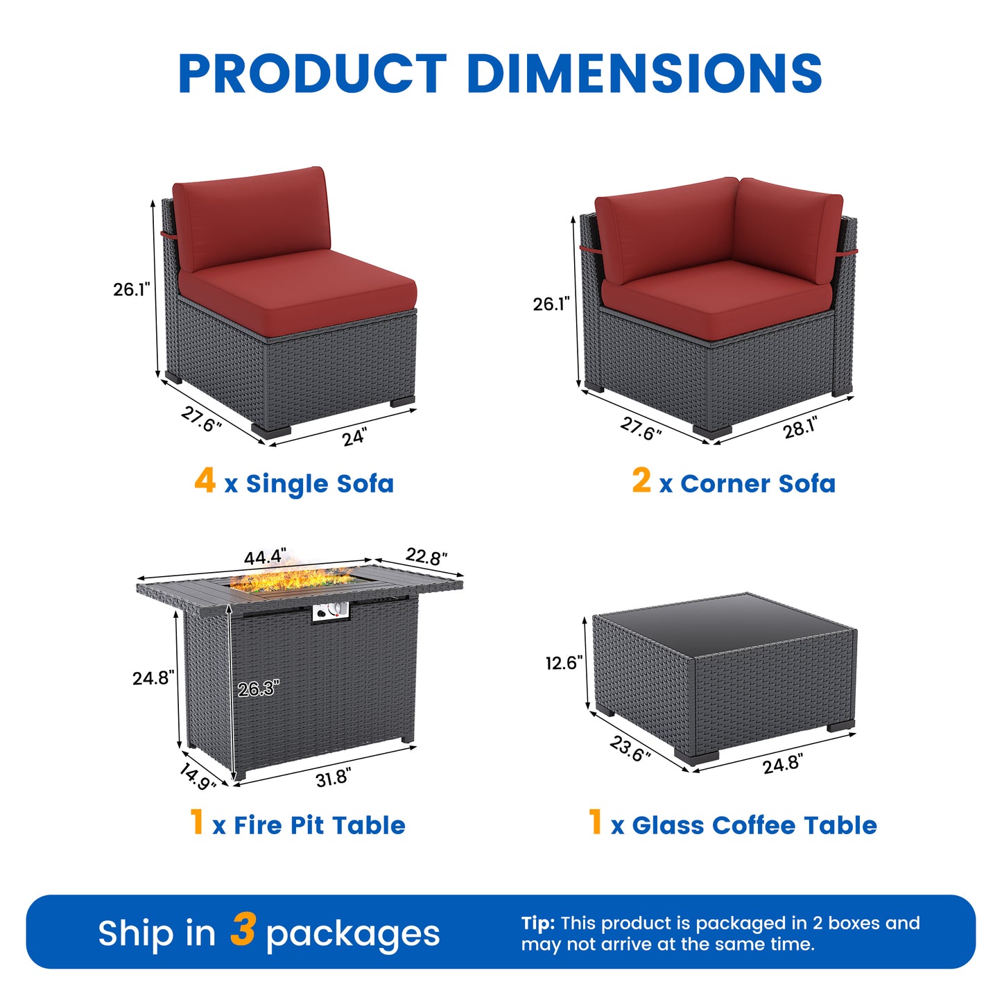 VONZOY Patio Furniture Sets, 7-Piece Outdoor Patio Furniture with Thick Cushions,Coffee Table Outdoor All-Weather Conversation Set Sectional Sofa for Backyard, Poolside, Garden(Wine Red)