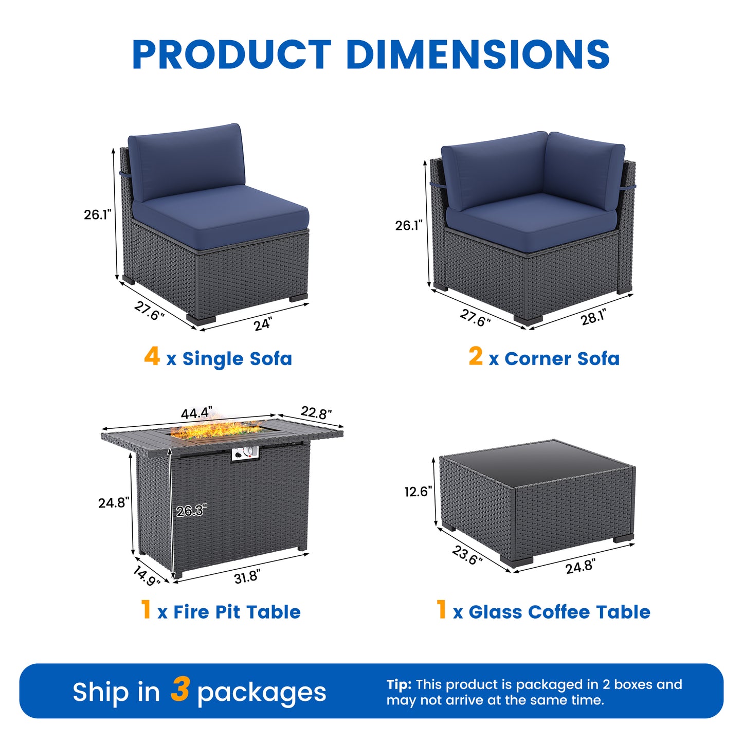 VONZOY Patio Furniture Sets, 7-Piece Outdoor Patio Furniture with Thick Cushions,Coffee Table Outdoor All-Weather Conversation Set Sectional Sofa for Backyard, Poolside, Garden(Navy Blue)