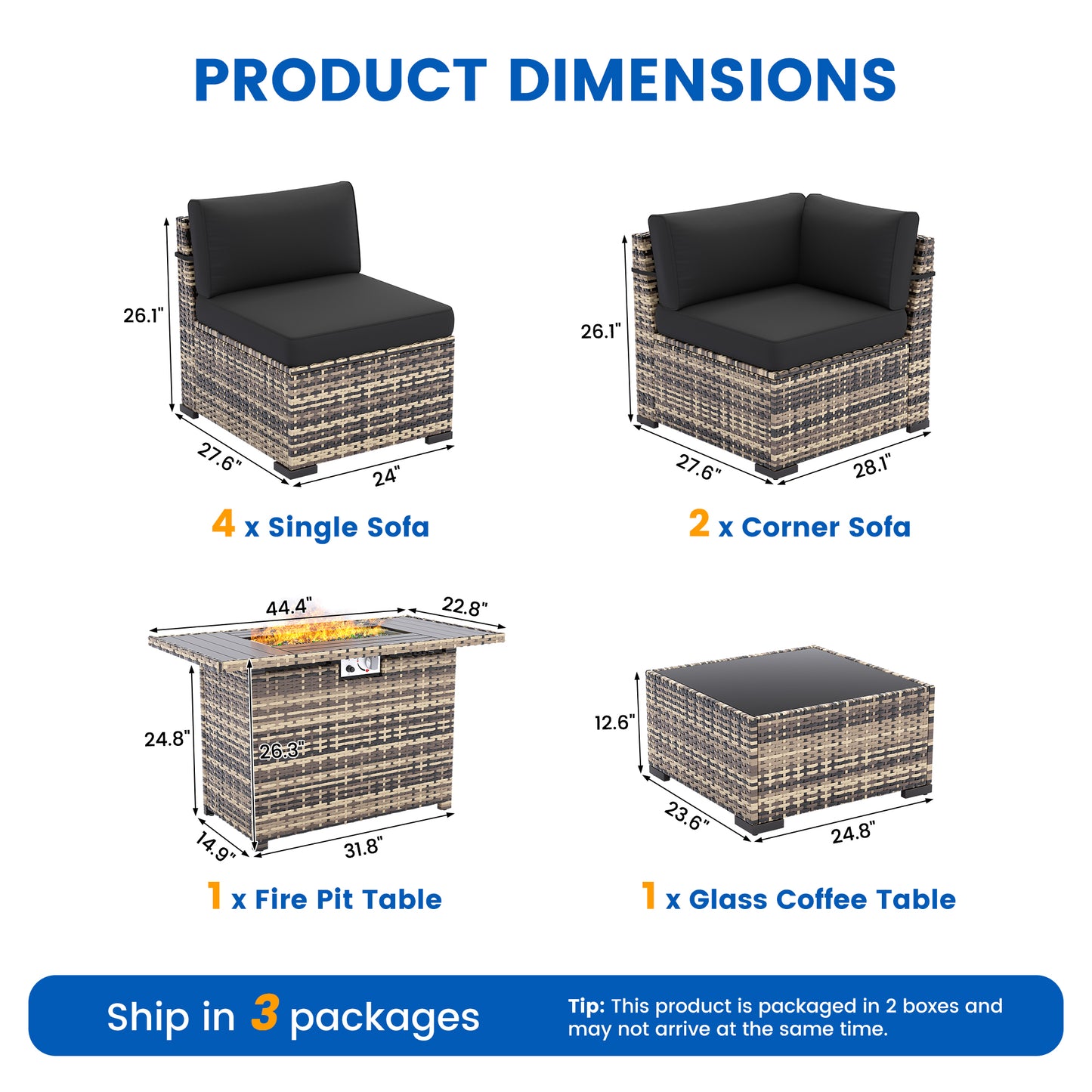 VONZOY 8-Piece Patio Furniture Set with 44” Fire Pit Table - All-Weather Wicker Conversation Sectional Sofa & Coffee Table with Thickened Cushions for Backyard, Garden(Black)