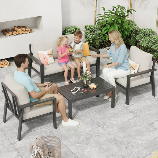 4-Piece Aluminum Patio Conversation Sets All-Weather Sectional Outdoor Furniture Set with Coffee Table & Cushions with Removable Covers for for Backyard, Garden and Poolside Easy Assembly(Beige)