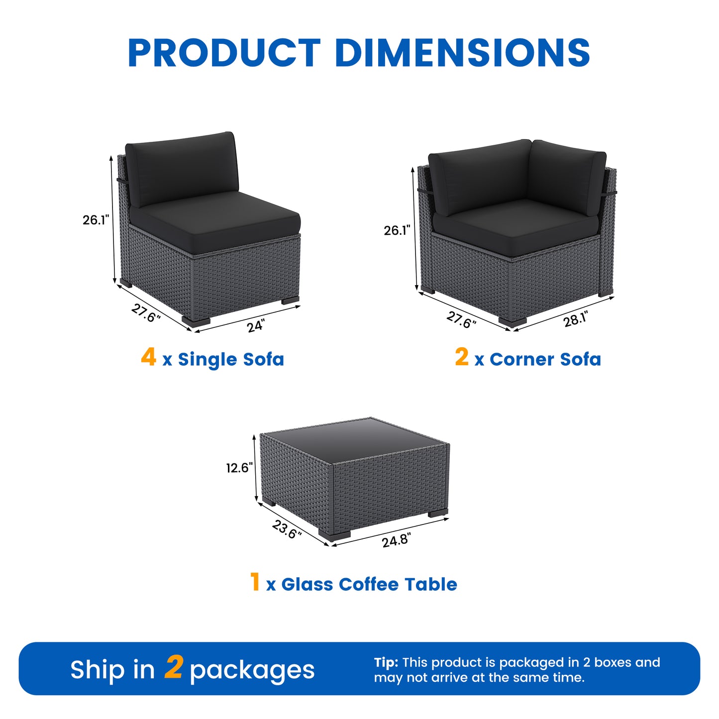VONZOY Patio Furniture Sets, 7-Piece Outdoor Patio Furniture with Thick Cushions,Coffee Table Outdoor All-Weather Conversation Set Sectional Sofa for Backyard, Poolside, Garden(Black)