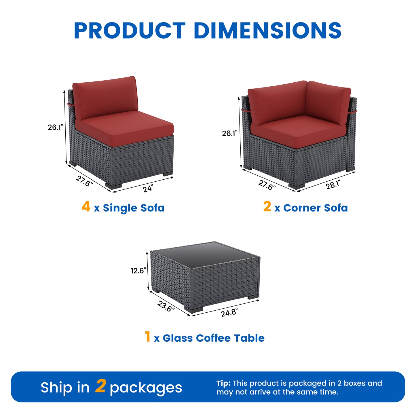 VONZOY Patio Furniture Sets, 7-Piece Outdoor Patio Furniture with Thick Cushions,Coffee Table Outdoor All-Weather Conversation Set Sectional Sofa for Backyard, Poolside, Garden(Wine Red)