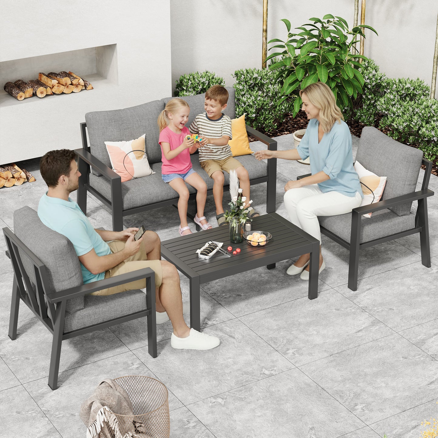 4-Piece Aluminum Patio Conversation Sets All-Weather Sectional Outdoor Furniture Set with Coffee Table & Cushions with Removable Covers for for Backyard, Garden and Poolside Easy Assembly(Gray)