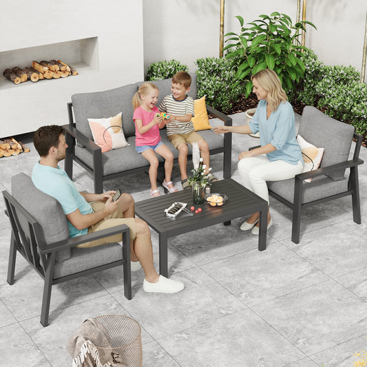 4-Piece Aluminum Patio Conversation Sets All-Weather Sectional Outdoor Furniture Set with Coffee Table & Cushions with Removable Covers for for Backyard, Garden and Poolside Easy Assembly(Gray)