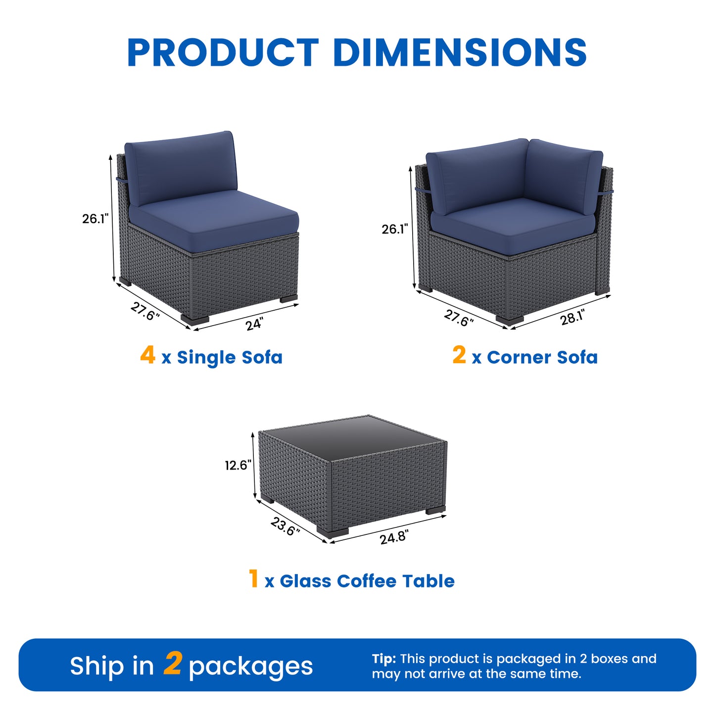 VONZOY 8-Piece Patio Furniture Set with 44” Fire Pit Table - All-Weather Wicker Conversation Sectional Sofa & Coffee Table with Thickened Cushions for Backyard, Garden(Navy Blue)