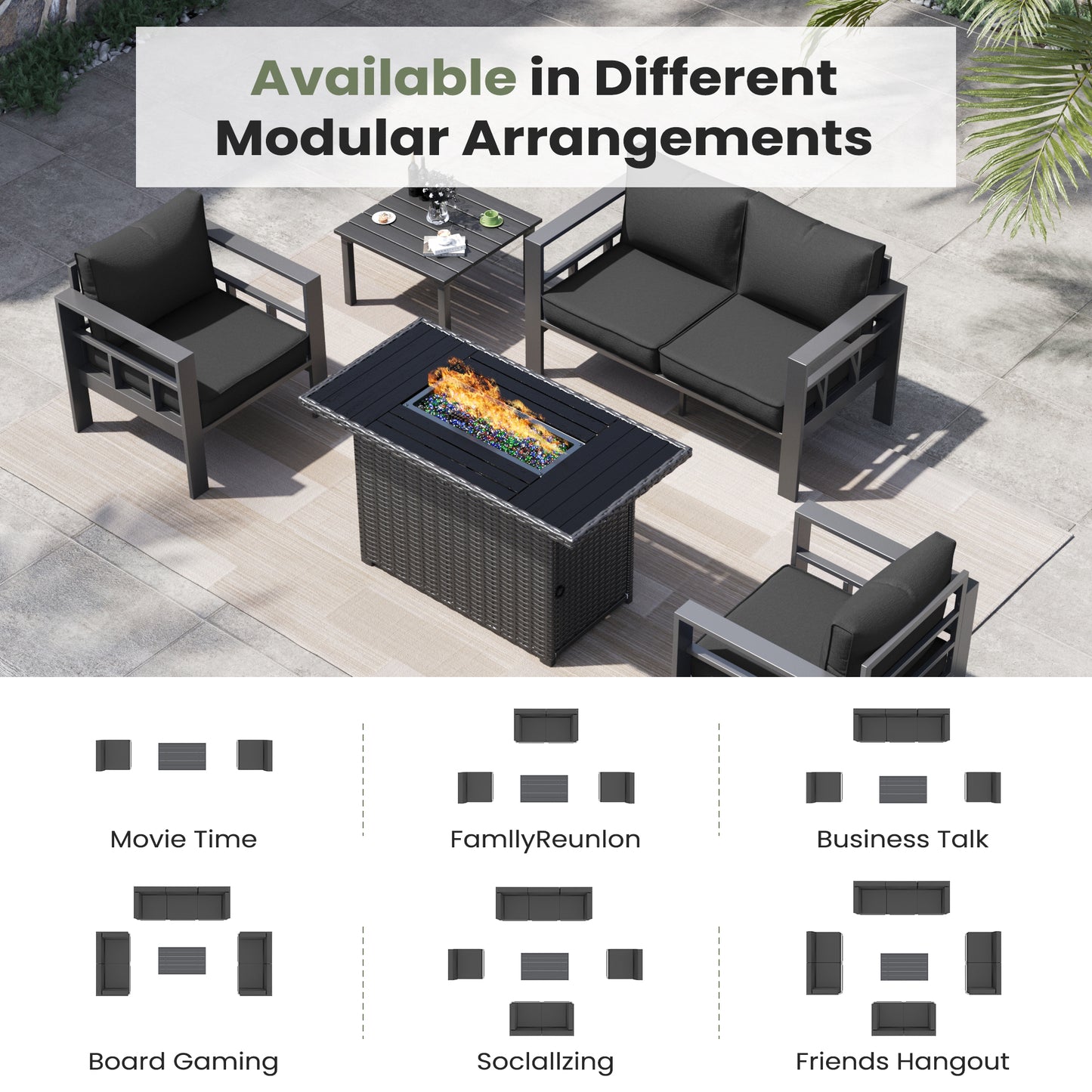 VONZOY 5 Piece Aluminum Patio Furniture Set with 44" Fire Pit Table & Thick Cushions, Aluminum Outdoor Sectional Conversation Set with Coffee Table for Porch, Backyard(Grey/Dark Grey-1)