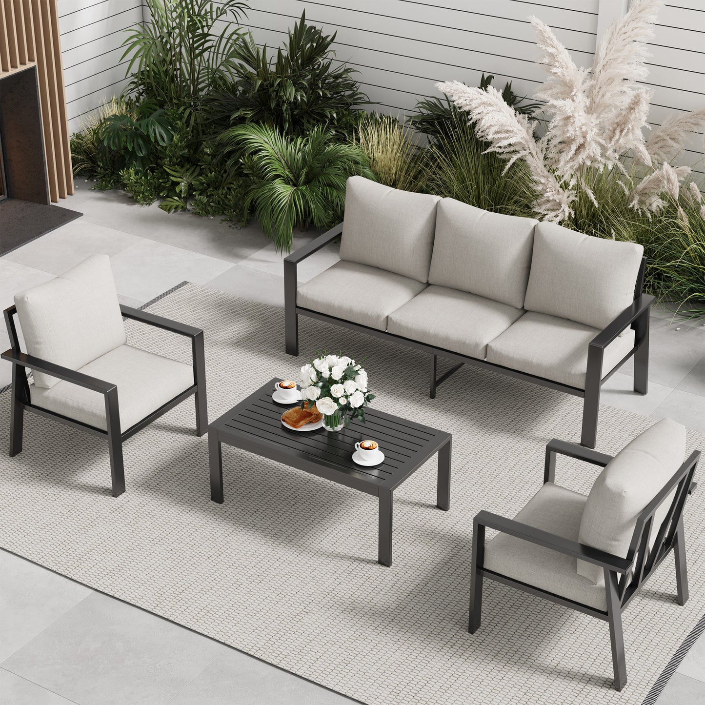 VONZOY Aluminum Patio Conversation Set, 5 Seats Outdoor Furniture Set Modern Sectional Sofa with Upgrade Cushion and Coffee Table for Balcony, Porch,Garden,Backyard