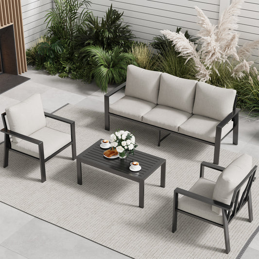 VONZOY Aluminum Patio Conversation Set, 5 Seats Outdoor Furniture Set Modern Sectional Sofa with Upgrade Cushion and Coffee Table for Balcony, Porch,Garden,Backyard