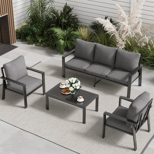 VONZOY Aluminum Patio Furniture Set, 5 Seats Outdoor Conversation Set Modern Sectional Sofa with Upgrade Cushion and Coffee Table