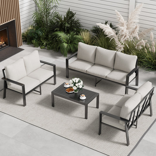 VONZOY 4-Piece Patio Conversation Set, 7 Seats Outdoor Furniture Set Modern Aluminum Sectional Sofa with Upgrade Cushion and Coffee Table for Balcony, Porch,Garden,Backyard