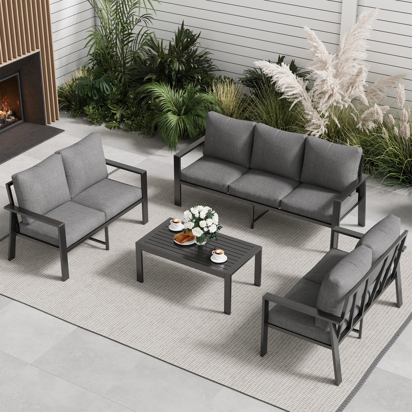 VONZOY 7 Seats Patio Conversation Set, Outdoor Furniture Set Modern Aluminum Sectional Sofa with Cushion and Coffee Table for Balcony, Porch,Garden,Backyard