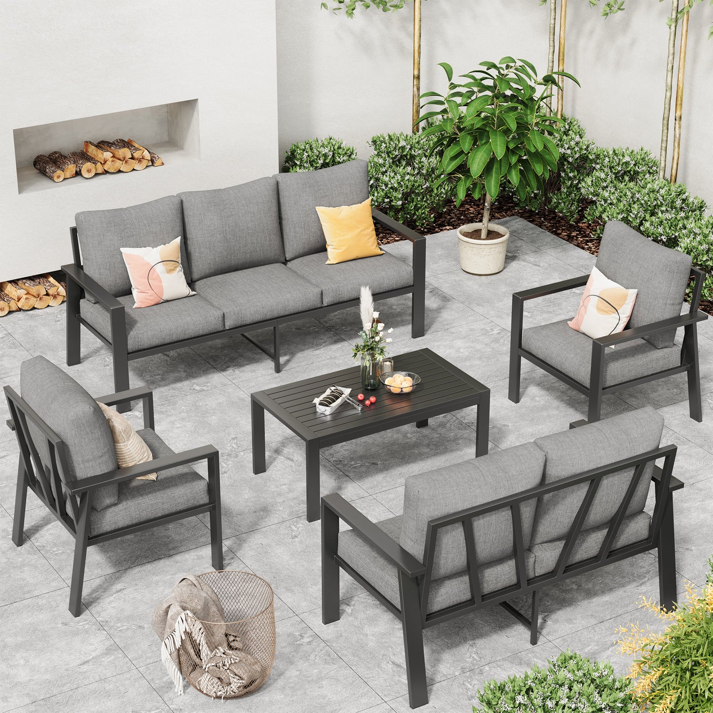 VONZOY Outdoor Conversation Sets Aluminum 5-Piece Sofa Set with Coffee Table, Modern Patio Furniture Set for Garden, Lawn, Backyard,Deck
