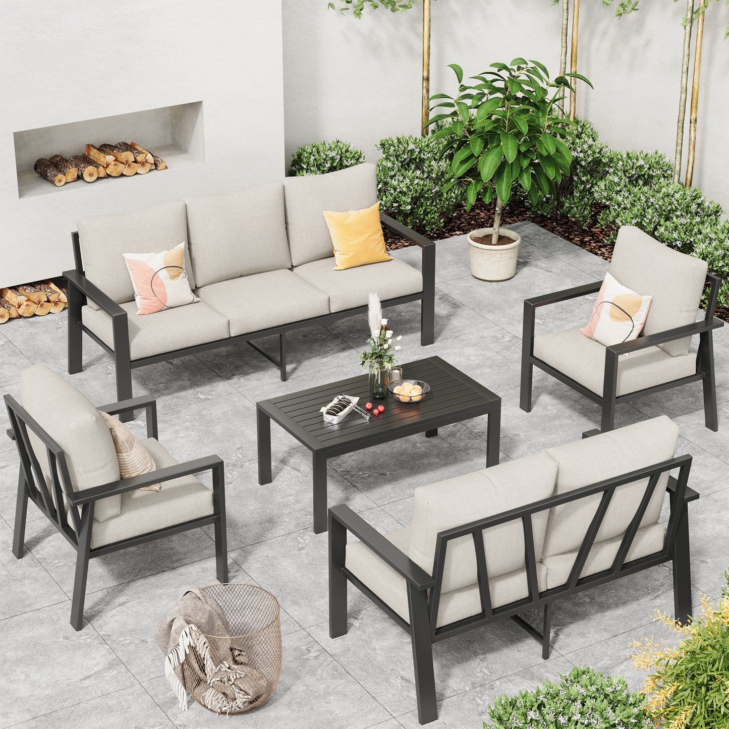 VONZOY Aluminum Outdoor Furniture Sets with Cushions 5-Piece Sectional Patio Conversation Sofa Set with Coffee Table for Garden, Lawn, Backyard,Deck