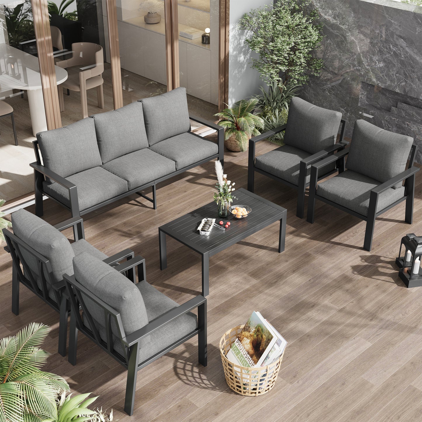VONZOY 7 Seats Aluminum Patio Conversation Set, Outdoor Furniture Set for Balcony, Porch,Garden,Backyard Modern Sectional Sofa with Upgrade Cushion and Coffee Table