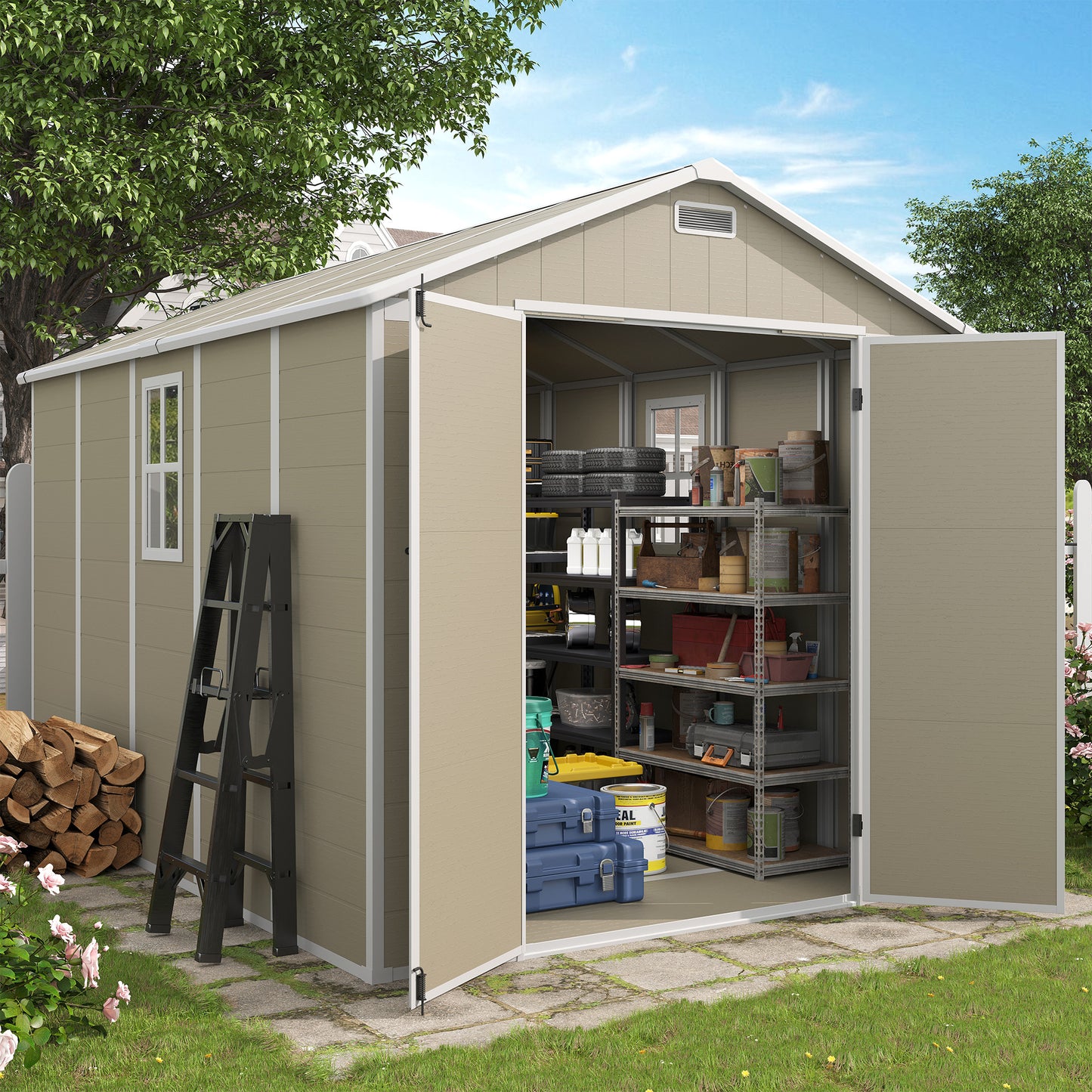 VONZOY Outdoor Storage Shed, 8x10 FT Resin Shed with Floor and Window, Lockable Door, Vents, Tool Sheds & Outdoor Storage for Bike, Tools, Garden Accessories, Waterproof