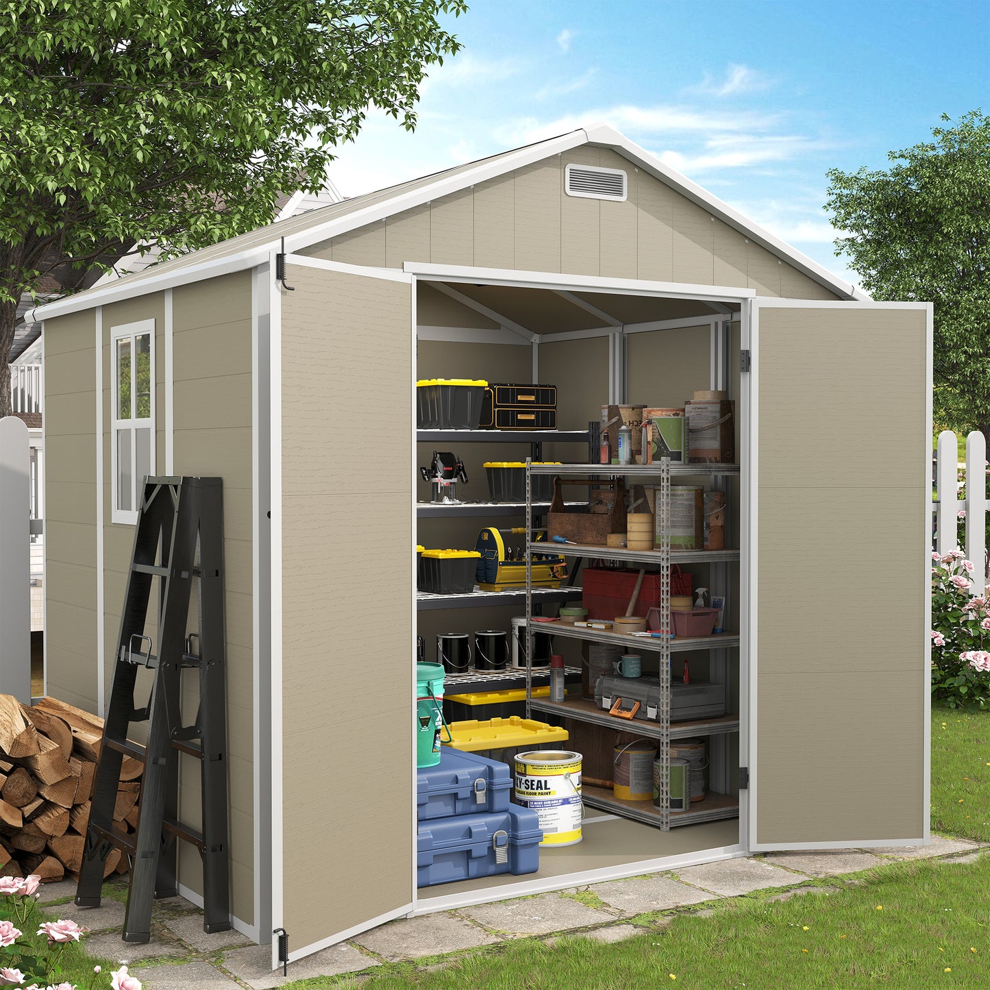 VONZOY Outdoor Storage Shed, 8x6 FT Resin Shed with Floor and Lockable Door, Window & Vents, Tool Sheds & Outdoor Storage for Bike, Garden Accessories, Tools, Waterproof
