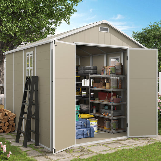VONZOY Outdoor Storage Shed, 8x8 FT Resin Shed with Floor and Lockable Door, Window & Vents, Tool Sheds & Outdoor Storage for Bike, Garden Accessories, Tools, Waterproof
