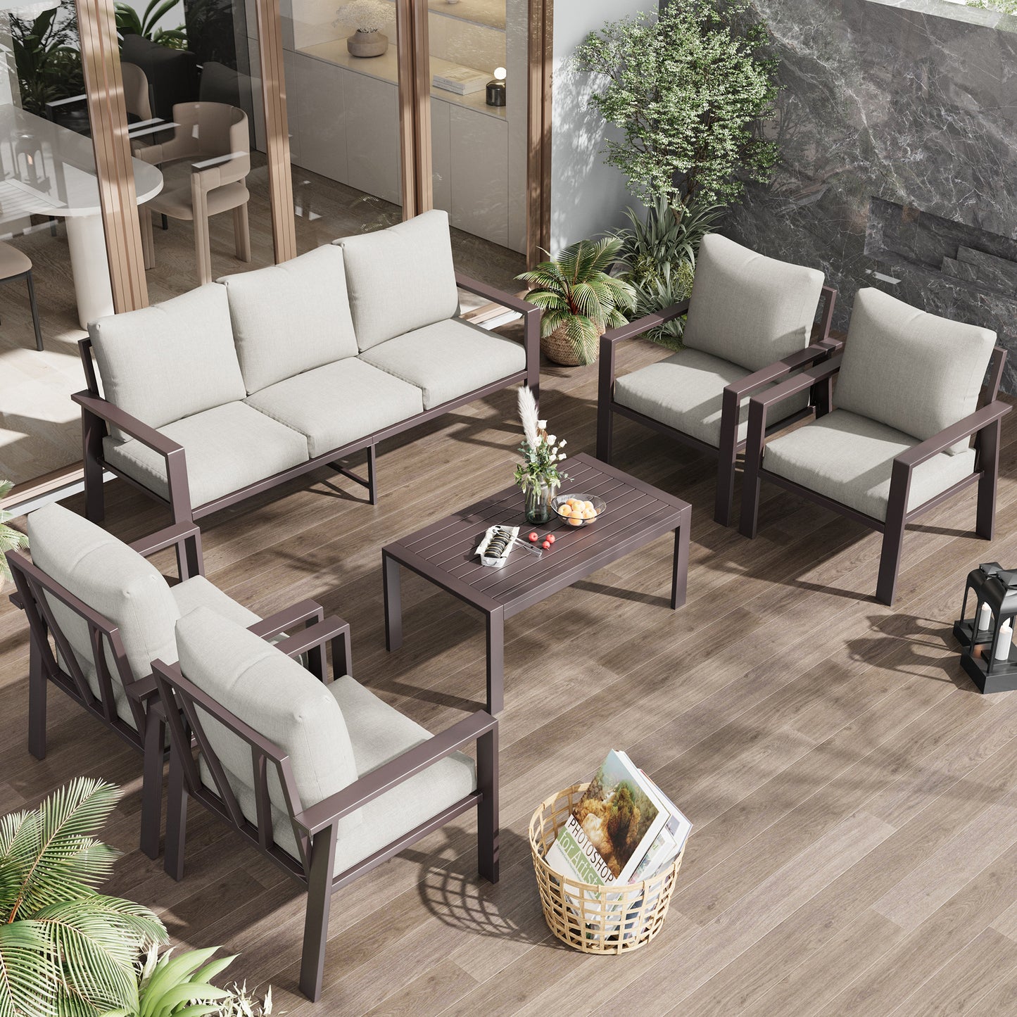 Aluminum Patio Conversation Set with Coffee Table Deck Outdoor Furniture All-Weather Rust-Proof 6-Piece Sectional Sofa Set with Removable Cushion for Backyard, Poolside & Small Spaces
