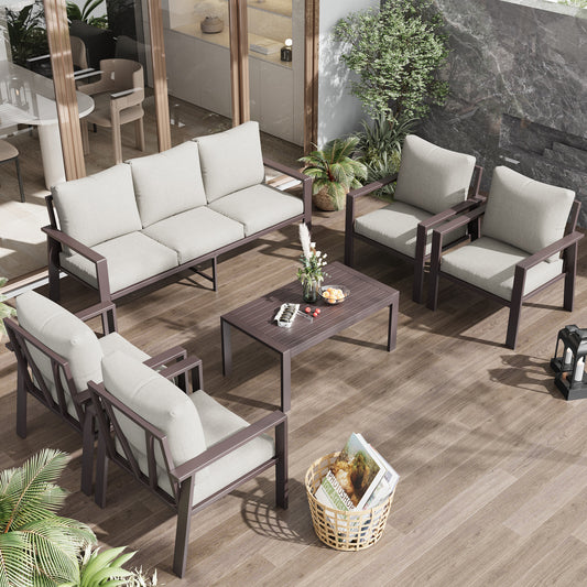 Aluminum Patio Conversation Set with Coffee Table Deck Outdoor Furniture All-Weather Rust-Proof 6-Piece Sectional Sofa Set with Removable Cushion for Backyard, Poolside & Small Spaces