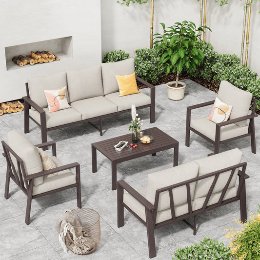 5-Piece Outdoor Furniture All-Weather Aluminum Patio Conversation Set with Coffee Table Rust-Proof Sectional Sofa Set with Removable Cushion for Deck, Backyard, Poolside & Small Spaces