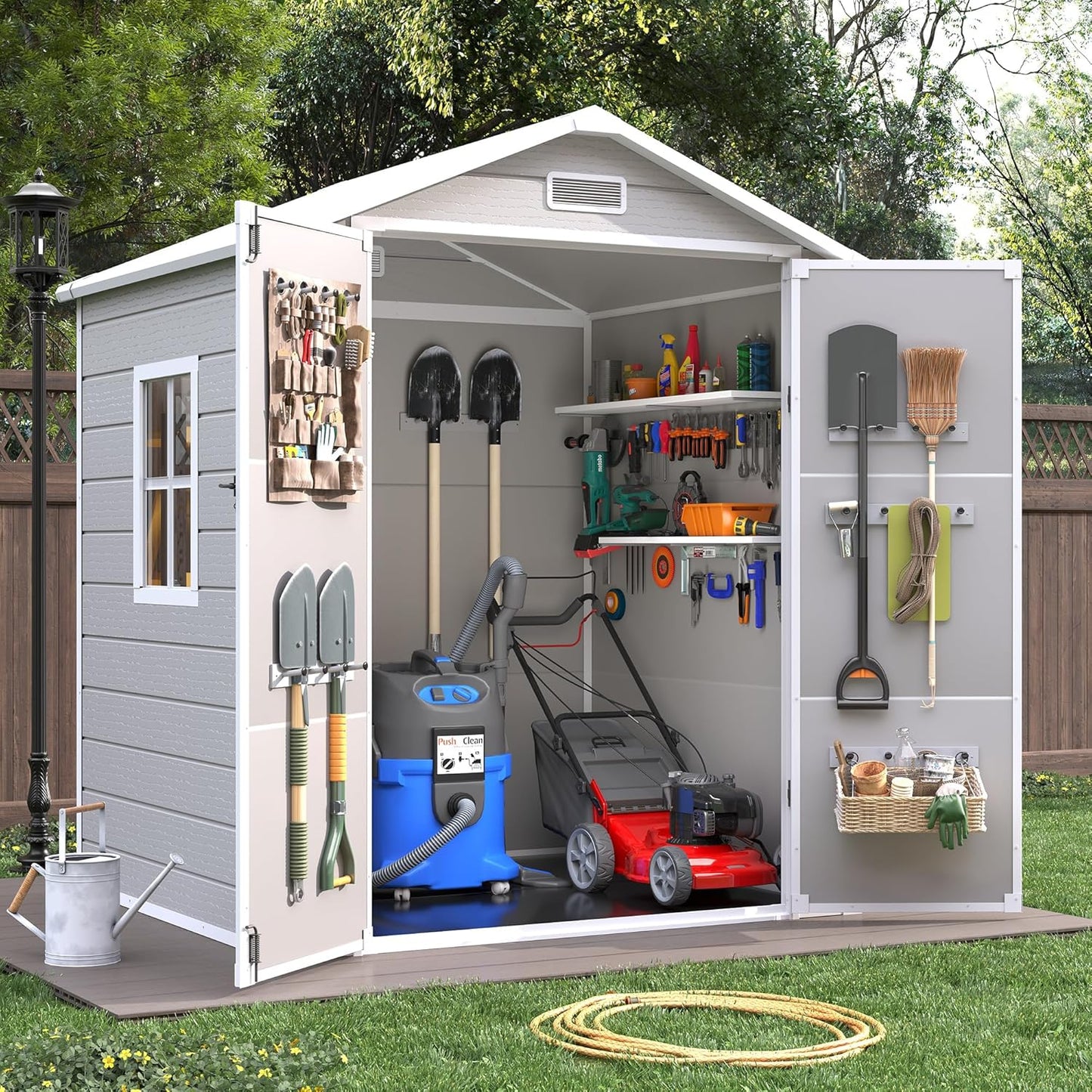 VONZOY Resin Outdoor Storage Shed with Floor, 6x4.5 FT Plastic Garden Shed, Lockable Door & Window, Waterproof Tool Shed for Bike, Garbage Can, Lawn Mower, Patio Furniture Bedge