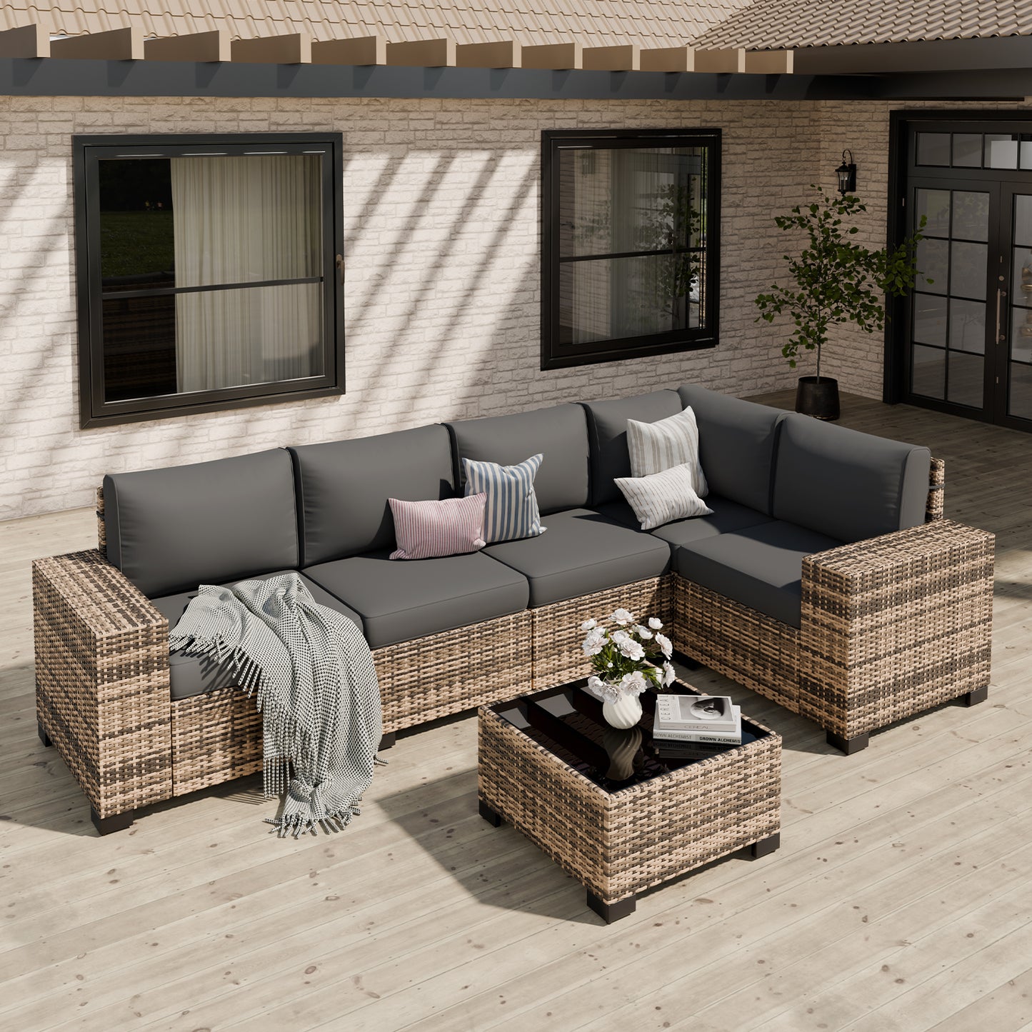 VONZOY Patio Furniture Set, Wide Armrest Outdoor Furniture Set with Thick Cushions, 6 Piece Wicker Rattan Patio Sectional Sofa for Backyard, Poolside, Garden
