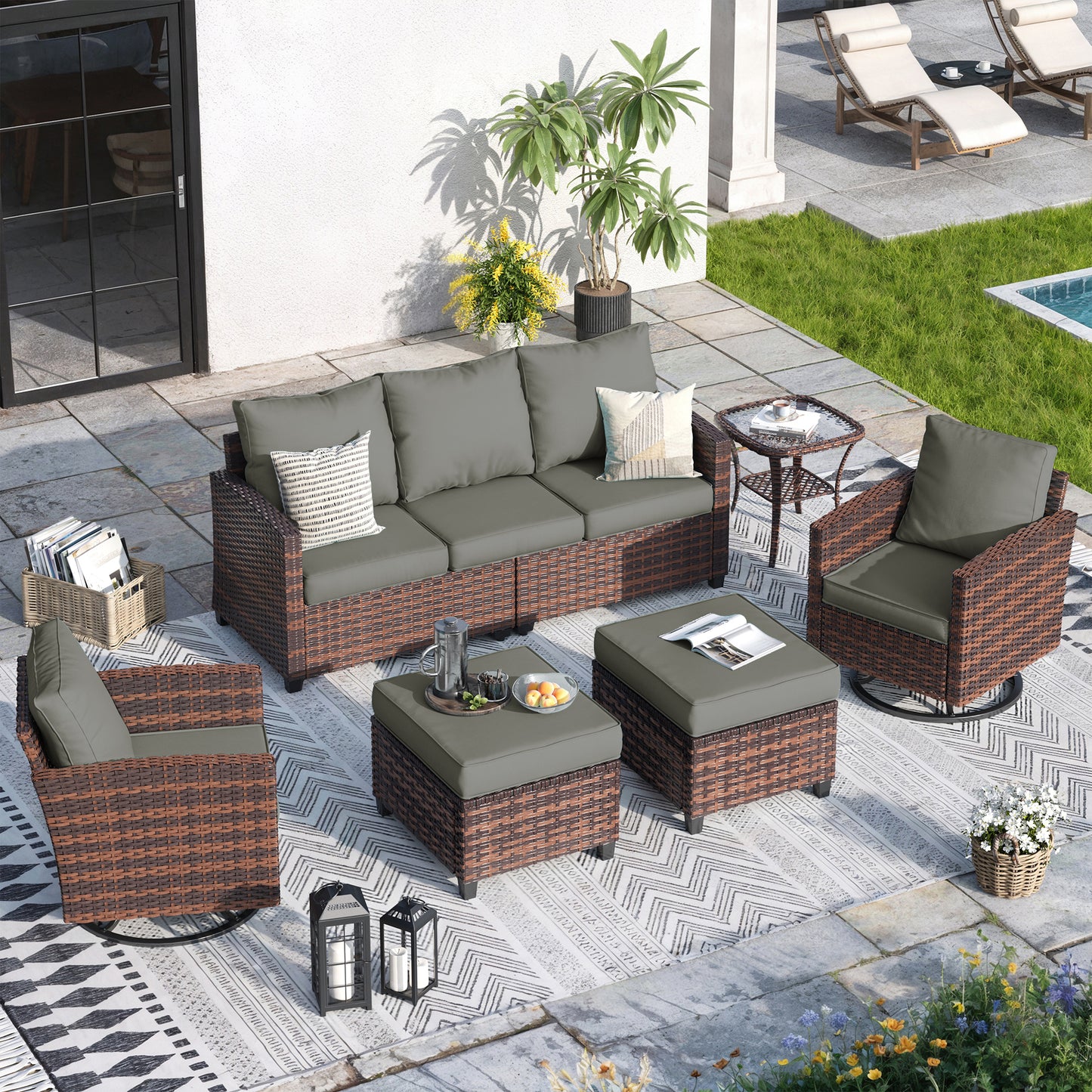 VONZOY Patio Furniture Sets, 6 Pieces Patio Outdoor Sectional Furniture, Wicker Rattan Conversation Sofa with Rocking Chair, Ottomans, Side Table, Dark Grey Cushion