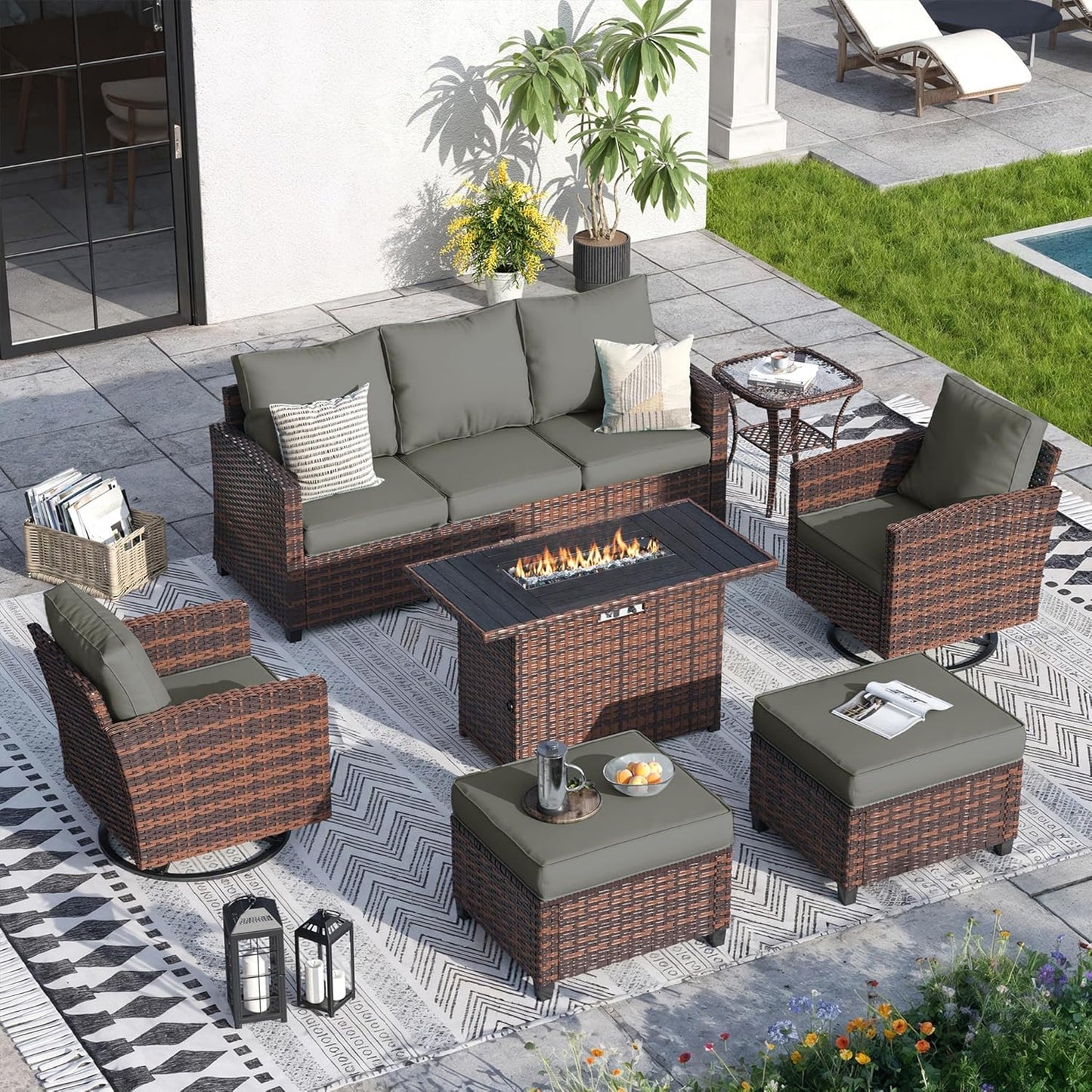 VONZOY 7 Pcs Outdoor Furniture with 44" Fire Pit Table, Rattan Patio Conversation Sets with Swivel Chair, Gas Fire Pit, Ottomans, Side Table, 4" Thick Cushion, for Backyard Garden Deck,Dark Grey