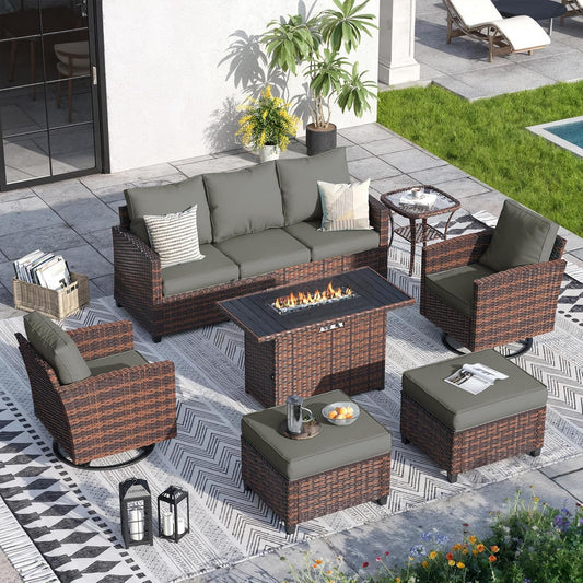 VONZOY 7 Pcs Outdoor Furniture with 44" Fire Pit Table, Rattan Patio Conversation Sets with Swivel Chair, Gas Fire Pit, Ottomans, Side Table, 4" Thick Cushion, for Backyard Garden Deck,Dark Grey