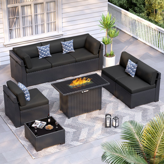 VONZOY 8-Piece Patio Furniture Set with 44” Fire Pit Table - All-Weather Wicker Conversation Sectional Sofa & Coffee Table with Thickened Cushions for Backyard, Garden(Black)