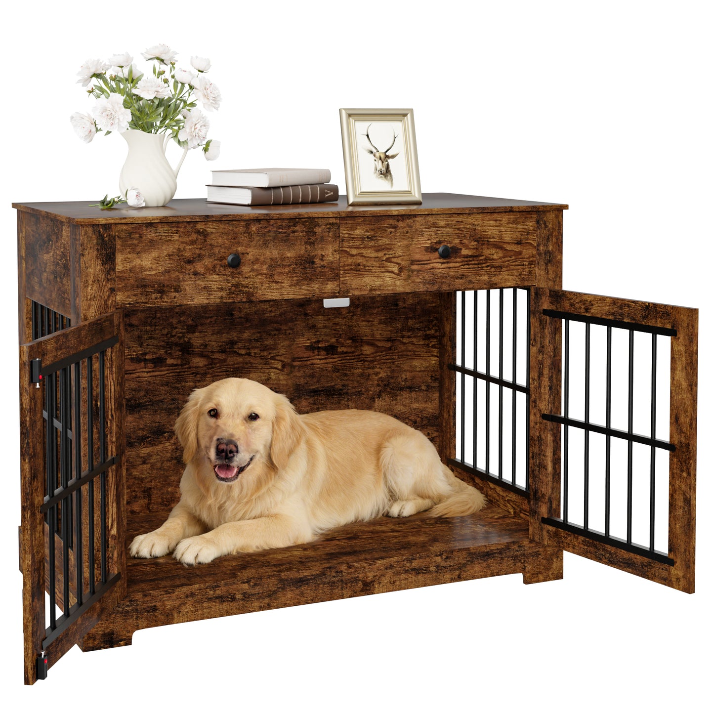 44.5" Dog Crate Furniture with Charging Station & 2 Drawers, Heavy-Duty Wooden Dog House Indoor Dog Kennel End Table with Double-Door Pet Cage for Small/Medium Dogs