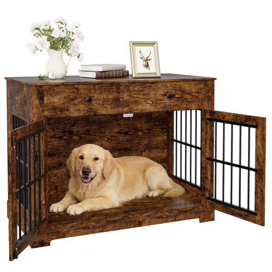 44.5" Dog Crate Furniture with Charging Station & 2 Drawers, Heavy-Duty Wooden Dog House Indoor Dog Kennel End Table with Double-Door Pet Cage for Small/Medium Dogs