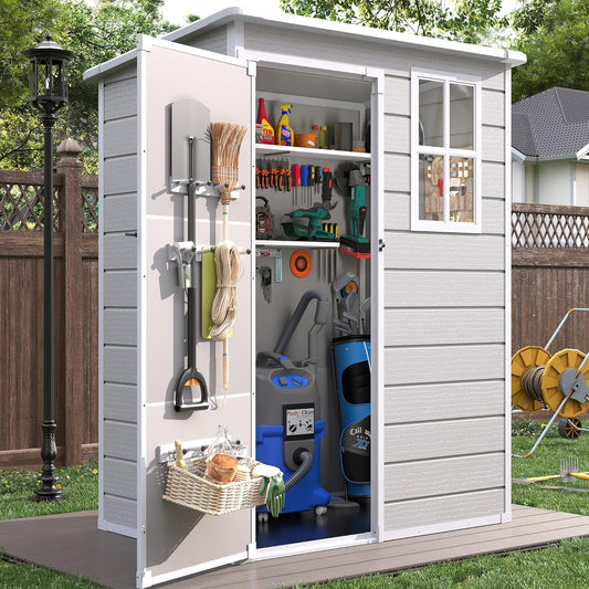 VONZOY Resin Outdoor Storage Shed with Floor, 5x3FT Plastic Garden Shed, Lockable Door & Window, Waterproof Tool Shed for Bike, Garbage Can, Lawn Mower, Patio Furniture Bedge