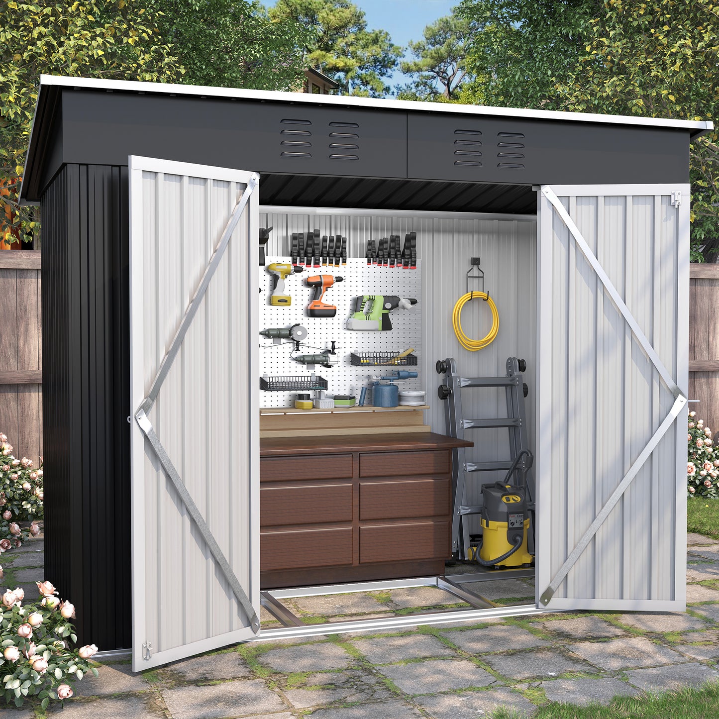 VONZOY 8x4FT Outdoor Storage Shed, Galvanized Steel Outdoor Storage Shed Metal Garden Shed with Lockable Door for Bike, Garbage Can,Tool Shed for Patio, Backyard, Lawn(Grey)