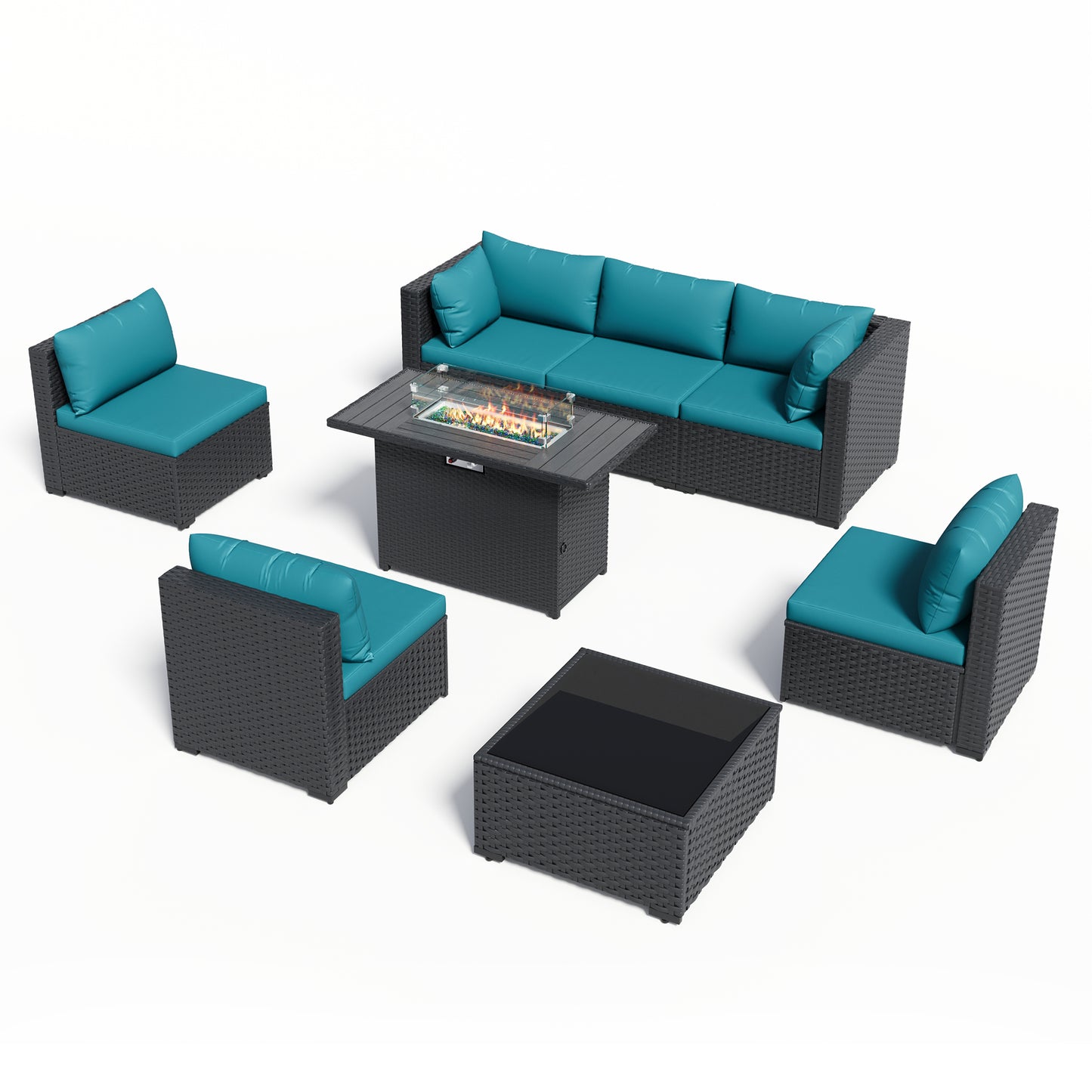 VONZOY 8 Piece Patio Furniture Set with 43" Fire Pit Table, Outdoor Sectional Wicker Rattan Sofa Set with Coffee Table (Peacock Blue/Black)
