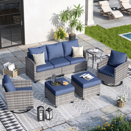 VONZOY Patio Furniture Sets, 6 Pieces Patio Outdoor Sectional Furniture, Wicker Rattan Conversation Sofa with Rocking Chair, Ottomans, Side Table, Navy Blue Cushion
