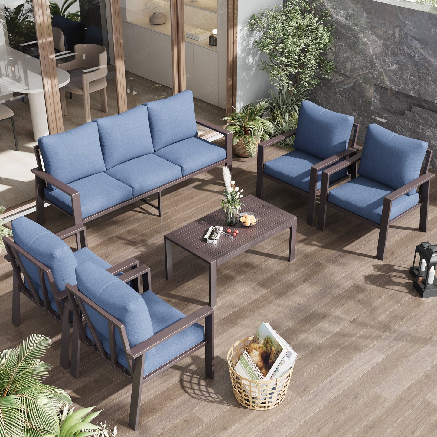 Aluminum Patio Conversation Set with Coffee Table Deck Outdoor Furniture All-Weather Rust-Proof 6-Piece Sectional Sofa Set with Removable Cushion for Backyard, Poolside & Small Spaces