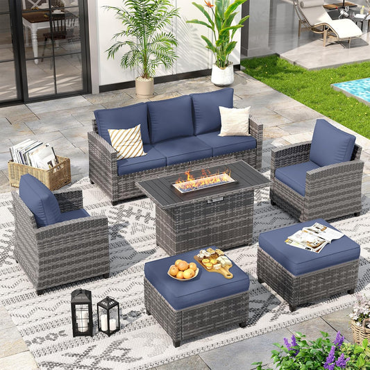 VONZOY 6 Pcs Patio Furniture Set with 44" Propane Gas Fire Pit Table, Rattan Outdoor Couch with Ottomans, 4" Thick Cushions for Backyard Garden Deck,Navy Blue