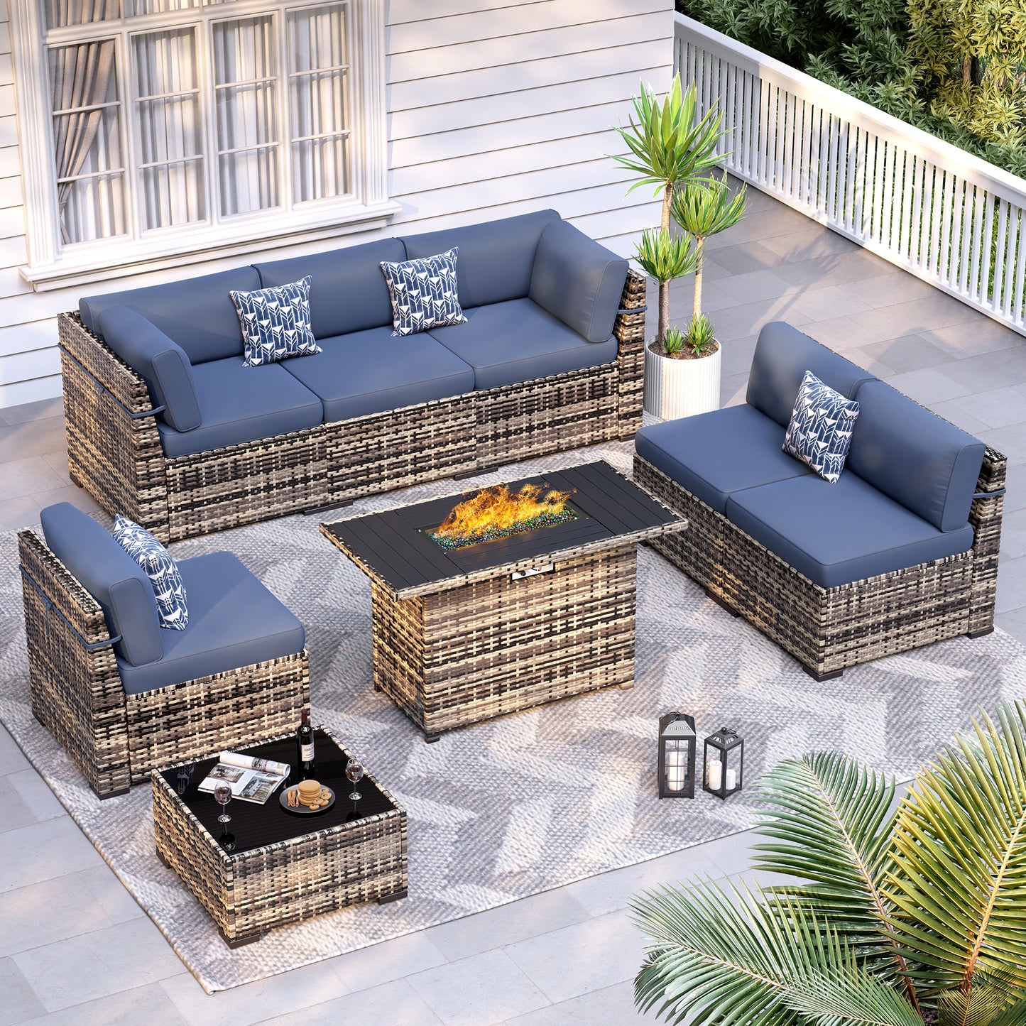 VONZOY 8-Piece Patio Furniture Set with 44” Fire Pit Table - All-Weather Wicker Conversation Sectional Sofa & Coffee Table with Thickened Cushions for Backyard, Garden(Navy Blue)