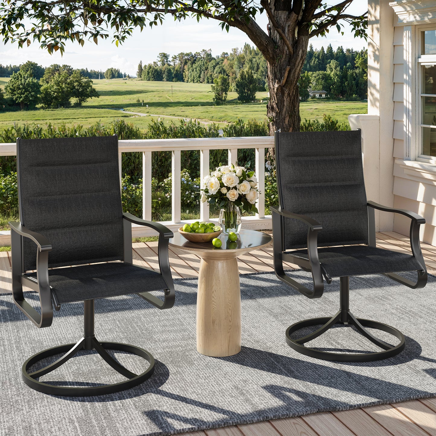 VONZOY Patio Swivel Chairs Set of 2, Outdoor Dining Chairs with High Back, 360° Swivel Rocker Chair in All-Weather Padded Textilene & Metal Frame for Garden, Porch, Backyard, Balcony(Padded Black)