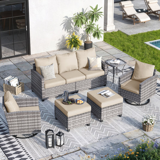 VONZOY Patio Furniture Sets, 6 Pieces Patio Outdoor Sectional Furniture, Wicker Rattan Conversation Sofa with Rocking Chair, Ottomans, Side Table, Khaki Cushion
