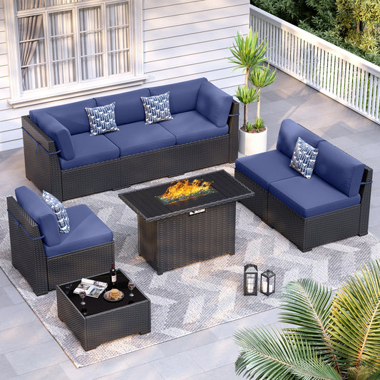 VONZOY 8-Piece Patio Furniture Set with 44” Fire Pit Table - All-Weather Wicker Conversation Sectional Sofa & Coffee Table with Thickened Cushions for Backyard, Garden(Navy Blue)