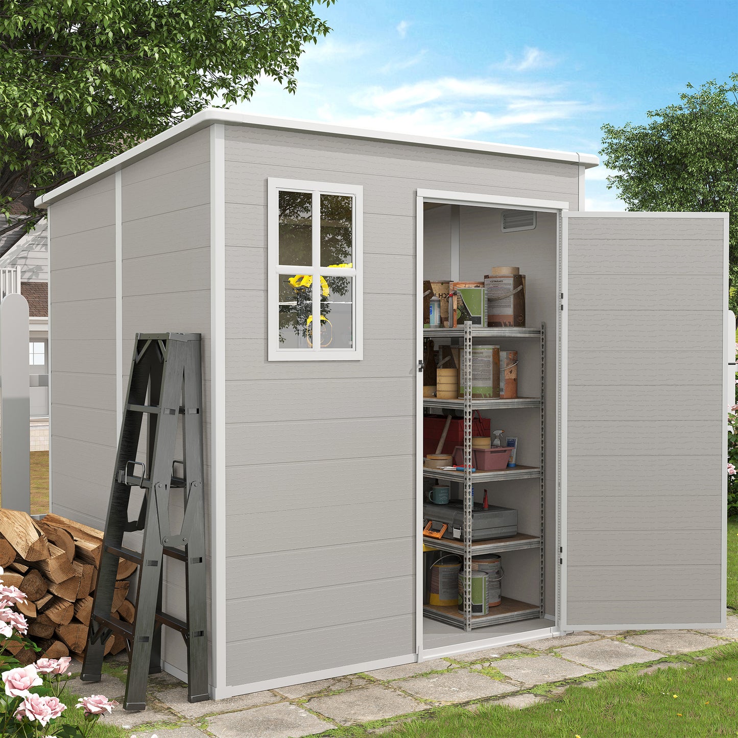 VONZOY Outdoor Storage Shed, 6x6 FT Resin Shed with Floor and Lockable Door, Window & Vents, Tool Sheds & Outdoor Storage for Bike, Garden Accessories, Tools, Waterproof