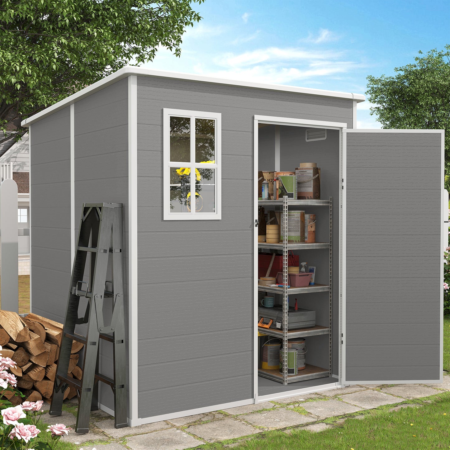 VONZOY Outdoor Storage Shed, 6x6 FT Resin Shed with Floor and Lockable Door, Window & Vents, Tool Sheds & Outdoor Storage for Bike, Garden Accessories, Tools, Waterproof