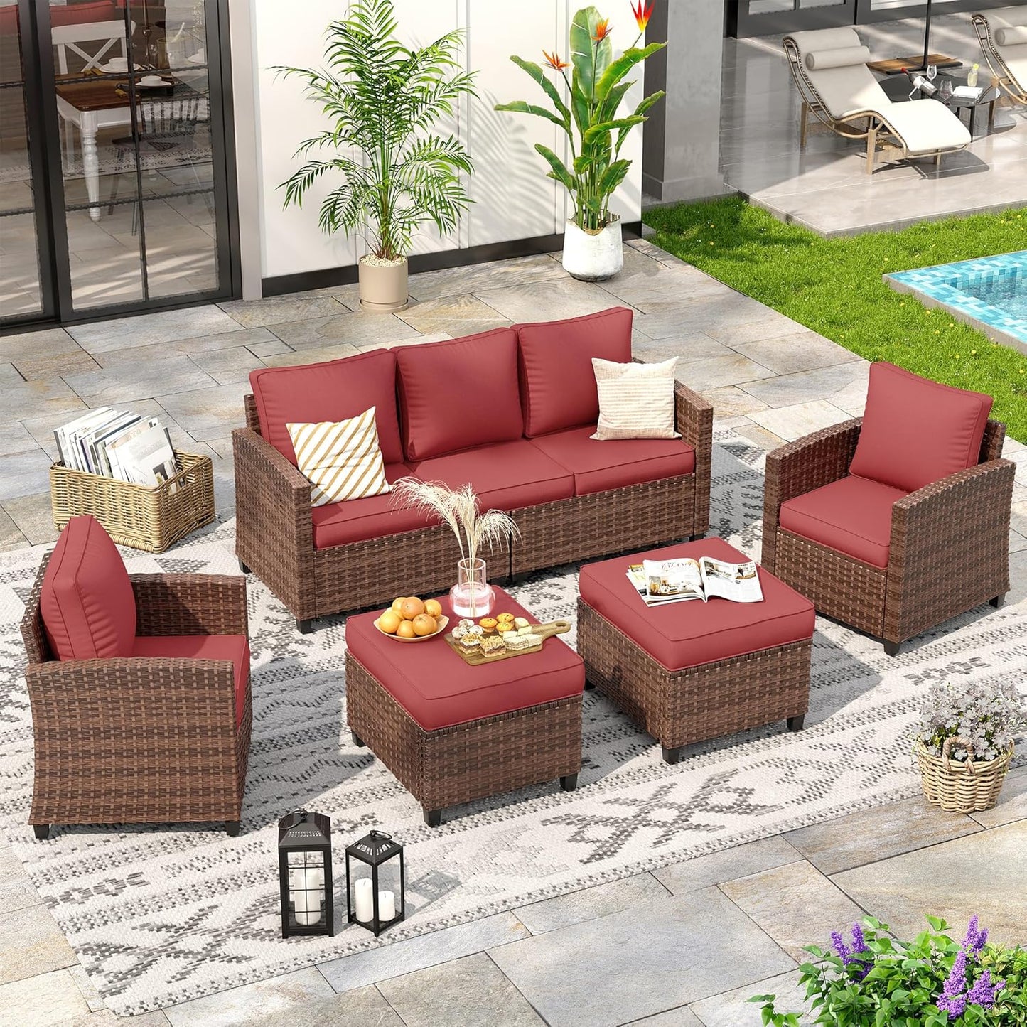 VONZOY Outdoor Furniture Set, 5 Pcs Wicker Patio Couch with Chairs, Ottomans and Thick Cushions, All Weather Wicker Rattan Patio Conversation Set,Wine Red