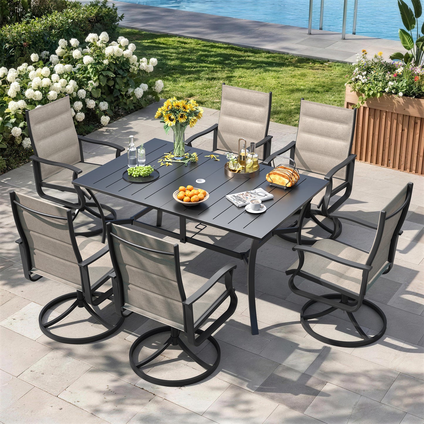 VONZOY 7 Pieces Patio Dining Set, Padded Patio Outdoor Furniture Set of 6 Patio Swivel Dining Chairs and Patio Spliced Rectangular Tabletop with Umbrella Hole, for Deck, Backyard, Poolside & Garden