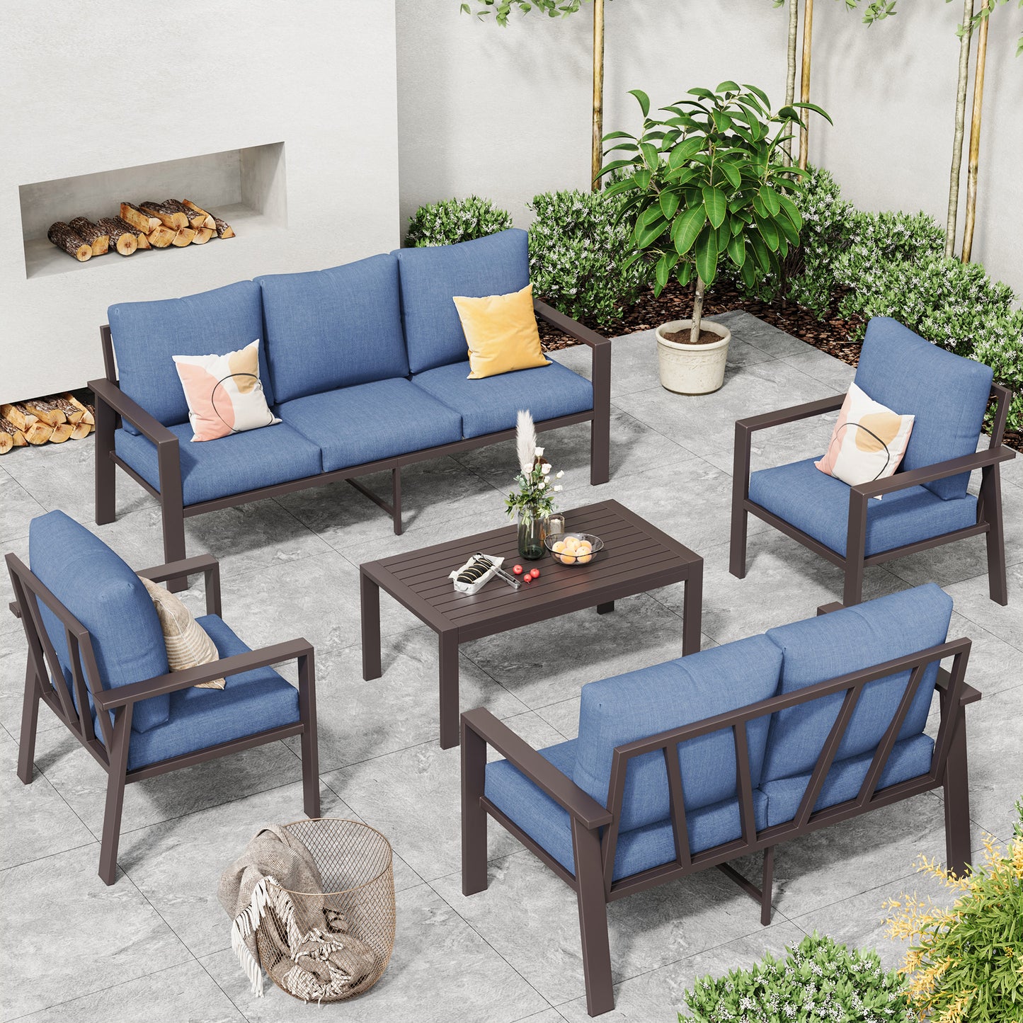 5-Piece Outdoor Furniture All-Weather Aluminum Patio Conversation Set with Coffee Table Rust-Proof Sectional Sofa Set with Removable Cushion for Deck, Backyard, Poolside & Small Spaces