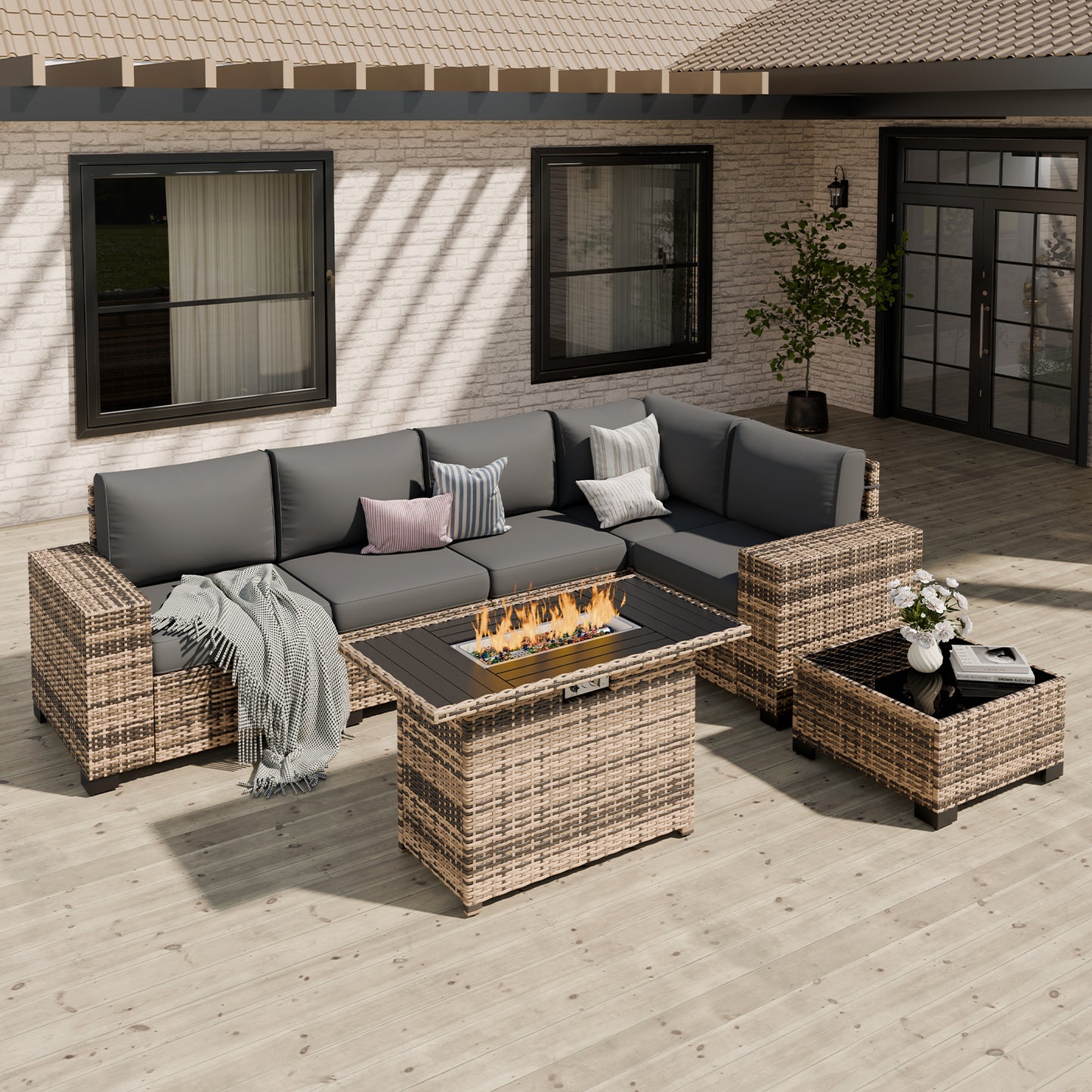 VONZOY Patio Furniture Set, Wide Armrest Outdoor Furniture Set with 44" Fire Pit Table Thick Cushions, 7 Piece Wicker Rattan Patio Sectional Sofa for Backyard, Poolside, Garden
