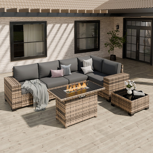 VONZOY Patio Furniture Set, Wide Armrest Outdoor Furniture Set with 44" Fire Pit Table Thick Cushions, 7 Piece Wicker Rattan Patio Sectional Sofa for Backyard, Poolside, Garden
